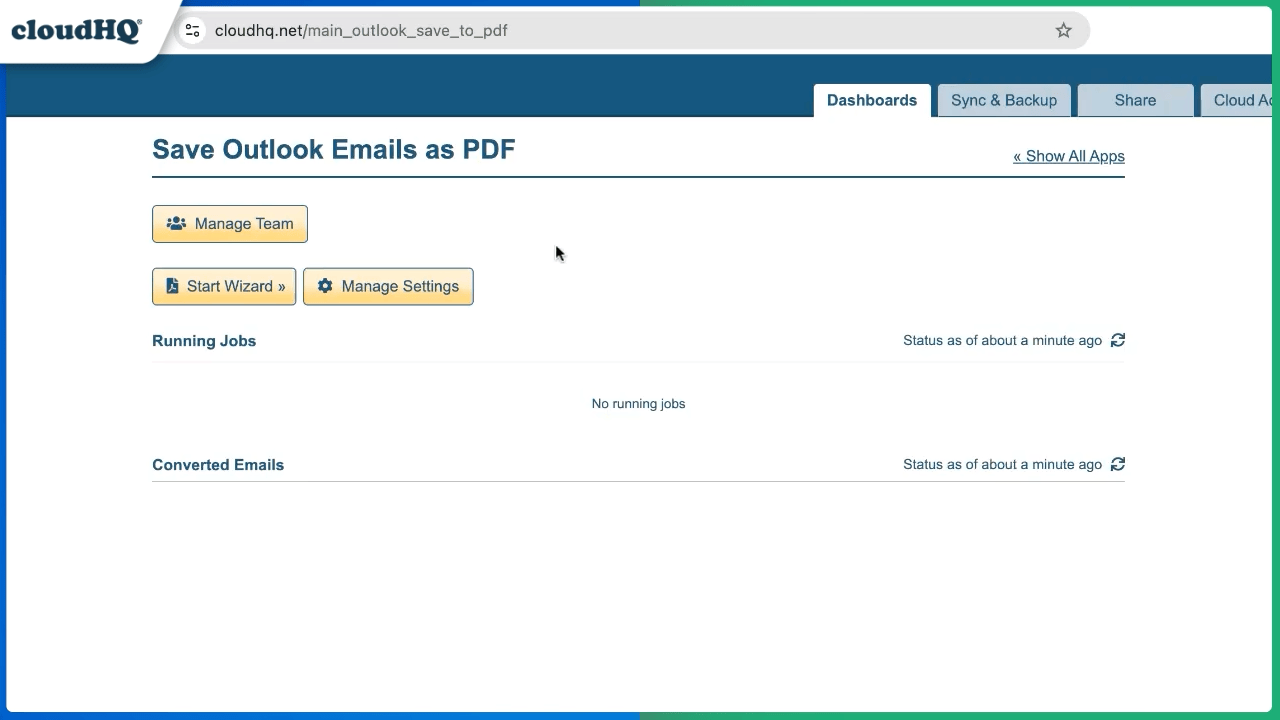 Demo of the cloudHQ wizard saving an Outlook folder to PDF